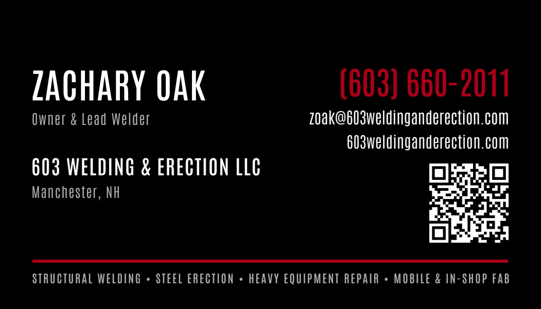 Back of the 603 Welding and Erection business card, with Zachary Oak's details